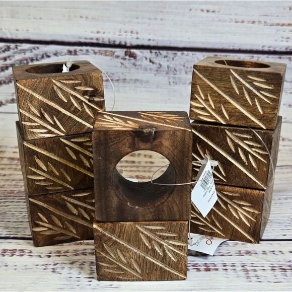 NWT Rustic Square Napkin Rings Bamboo carved real wood Boho Natural 8pc set - Picture 2 of 9